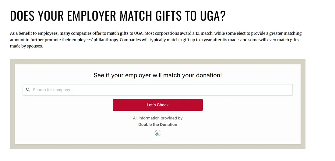 University of Georgia matching gift hub example: a 'See if your employer will match your donation' company search tool powered by Double the Donation
