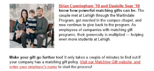 Lehigh University donor spotlight featuring Brian Cunningham and Danielle Spar, showing how matching gifts amplify their generosity