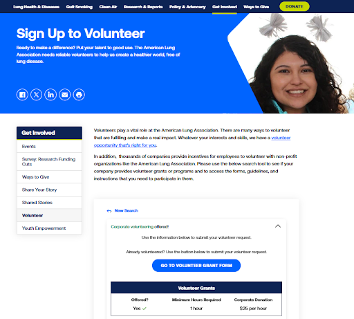 American Lung Association volunteer page showing volunteer grant information